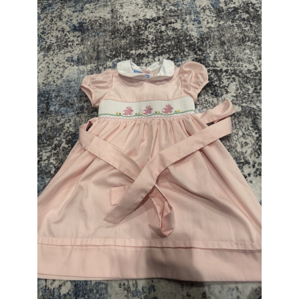 Anavini Girls 4T Pink Smocked Bunny Rabbit Easter Dress Peter Pan Collar